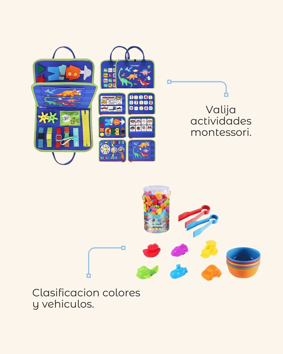 Combo 3 | Motricidad fina (Clasificación colores y vehículos + Valija actividades Montessori)